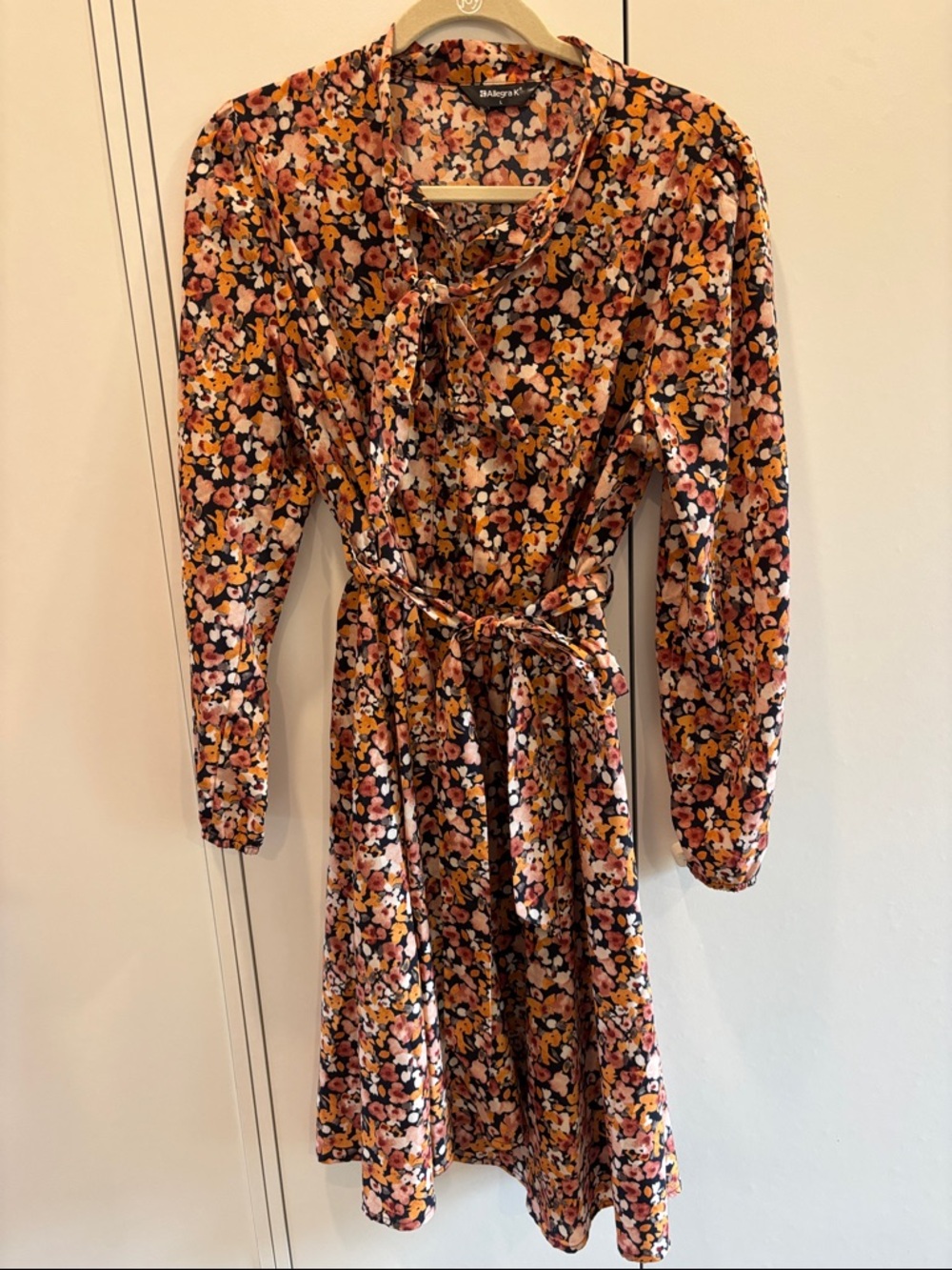 Pink, Orange & Black Floral Tie-Neck Long Sleeve Dress